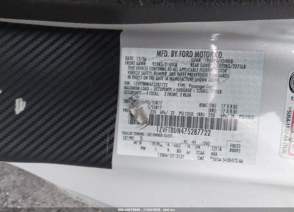 2007 FORD MUSTANG VIN: 1ZVFT80N475287722