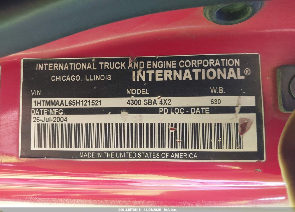 2005 INTERNATIONAL 4000 4300 VIN: 1HTMMAAL65H121521
