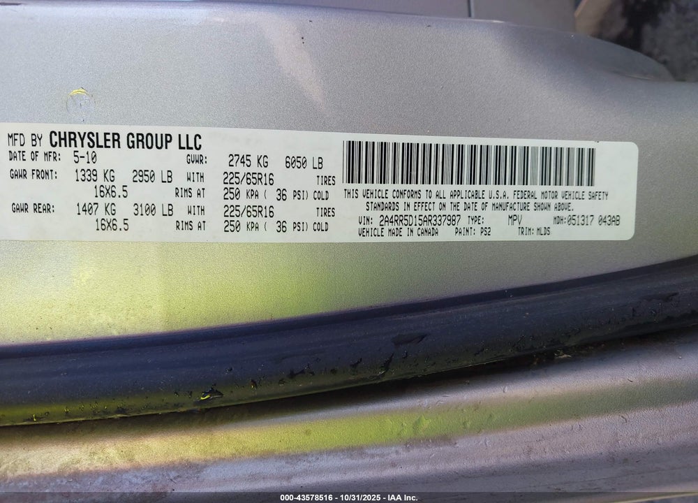 2010 CHRYSLER TOWN & COUNTRY TOURING VIN: 2A4RR5D15AR337987