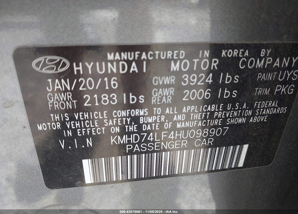 2017 HYUNDAI ELANTRA SE VIN: KMHD74LF4HU098907