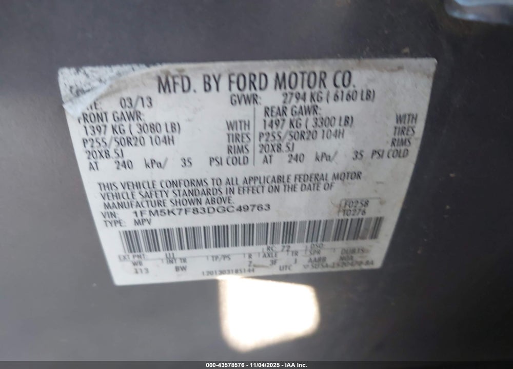 2013 FORD EXPLORER VIN: 1FM5K7F83DGC49763