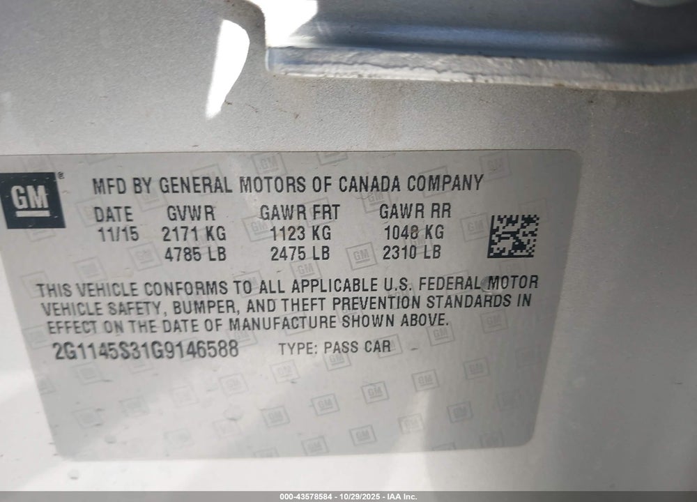 2016 CHEVROLET IMPALA 2LZ VIN: 2G1145S31G9146588
