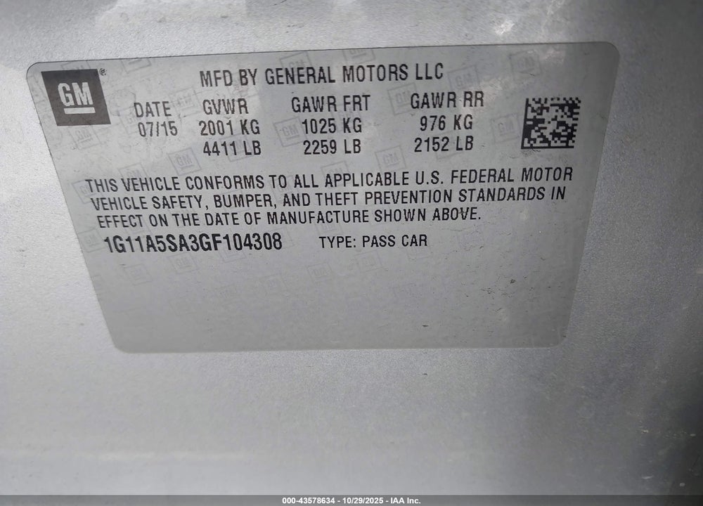 2016 CHEVROLET MALIBU LIMITED 1FL VIN: 1G11A5SA3GF104308