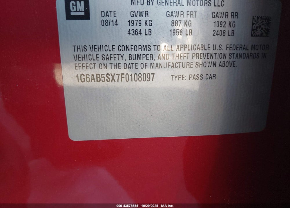 2015 CADILLAC ATS LUXURY VIN: 1G6AB5SX7F0108097