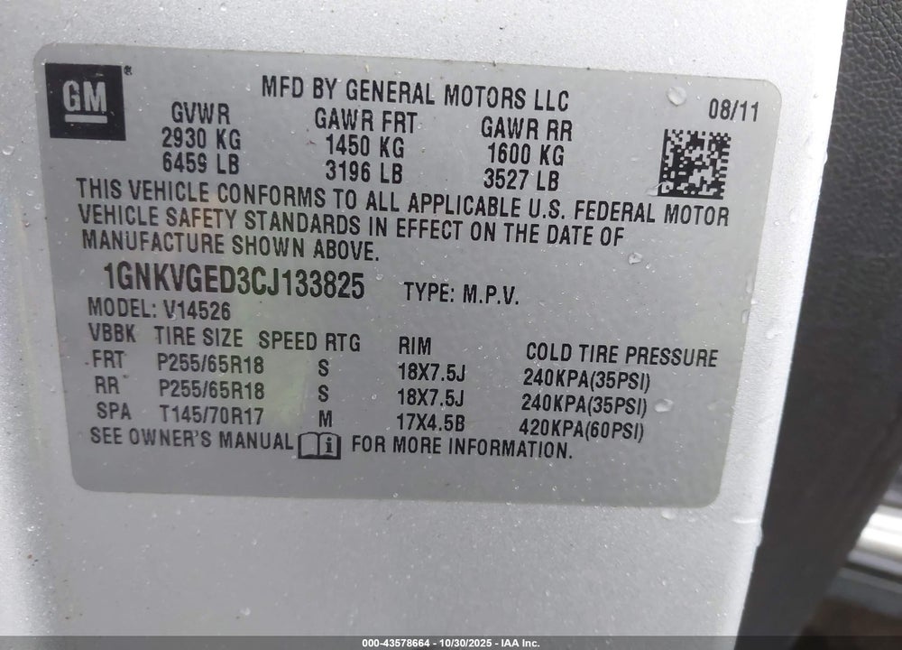 2012 CHEVROLET TRAVERSE 1LT VIN: 1GNKVGED3CJ133825