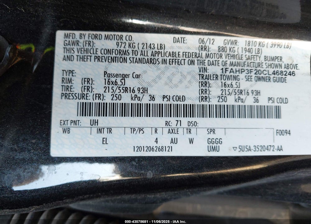 2012 FORD FOCUS SE VIN: 1FAHP3F20CL468246