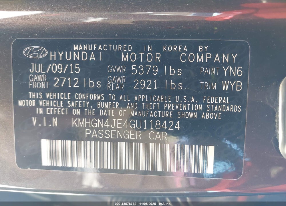 2016 HYUNDAI GENESIS 3.8 VIN: KMHGN4JE4GU118424