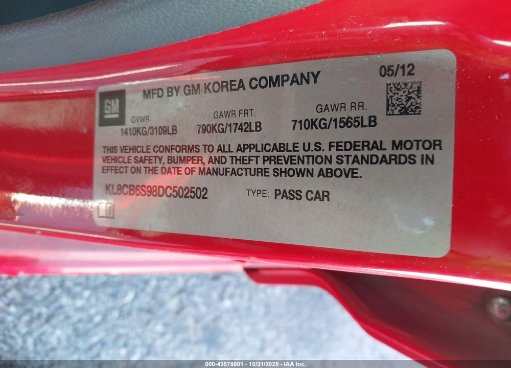 2013 CHEVROLET SPARK LS AUTO VIN: KL8CB6S98DC502502