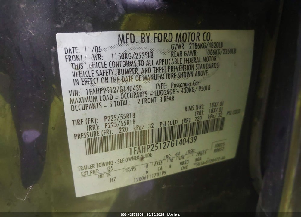 2007 FORD FIVE HUNDRED LIMITED VIN: 1FAHP25127G140439