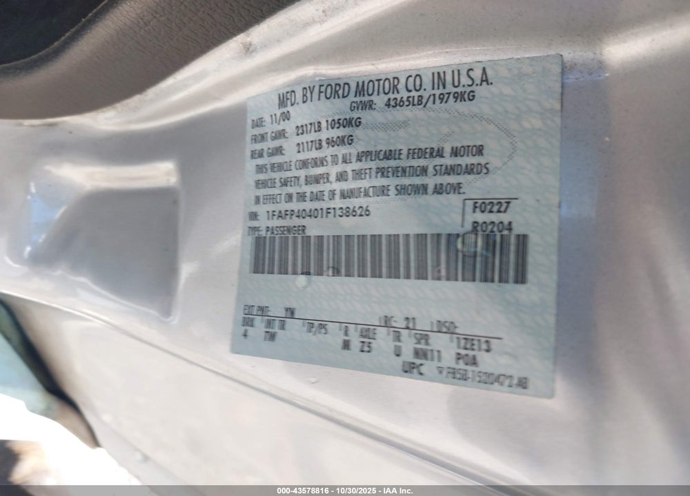 2001 FORD MUSTANG VIN: 1FAFP40401F138626