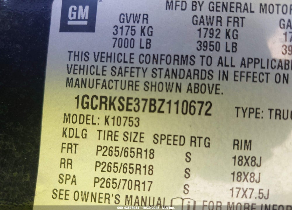 2011 CHEVROLET SILVERADO 1500 VIN: 1GCRKSE37BZ110672