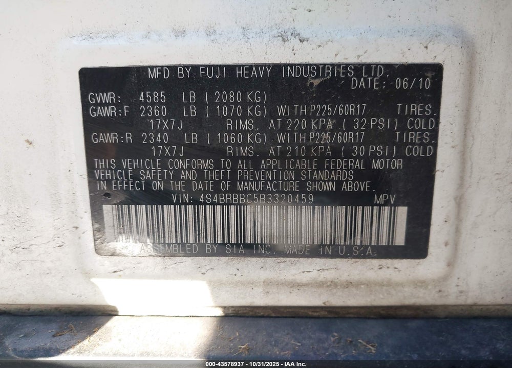 2011 SUBARU OUTBACK VIN: 4S4BRBBC5B3320459