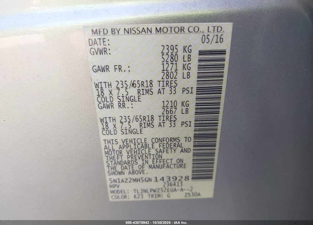 2016 NISSAN MURANO S VIN: 5N1AZ2MH5GN143928