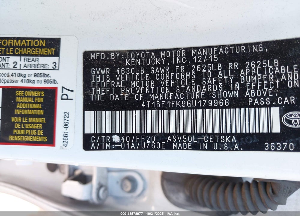 2016 TOYOTA CAMRY SE VIN: 4T1BF1FK9GU179966