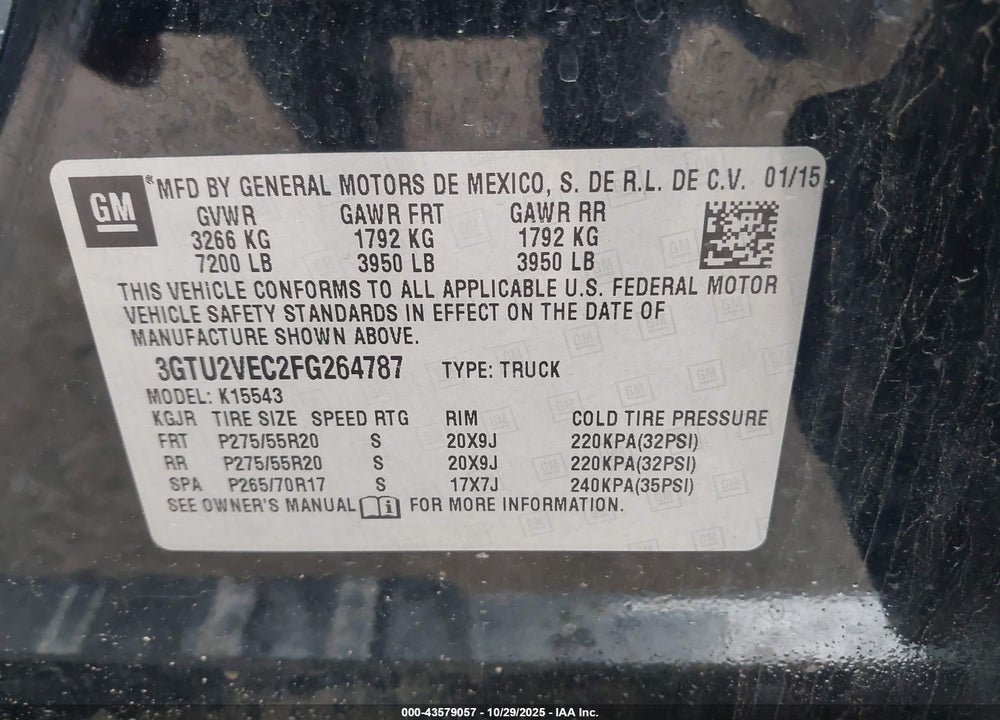 2015 GMC SIERRA 1500 SLT VIN: 3GTU2VEC2FG264787