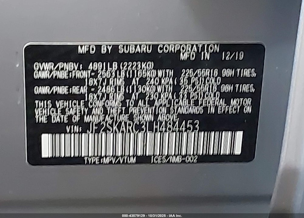 2020 SUBARU FORESTER SPORT VIN: JF2SKARC3LH484453