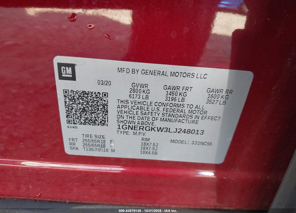 2020 CHEVROLET TRAVERSE VIN: 1GNERGKW3LJ248013