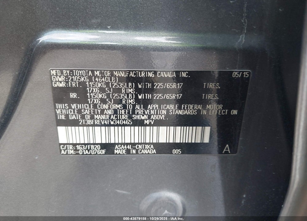 2015 TOYOTA RAV4 LE VIN: 2T3BFREV4FW340465