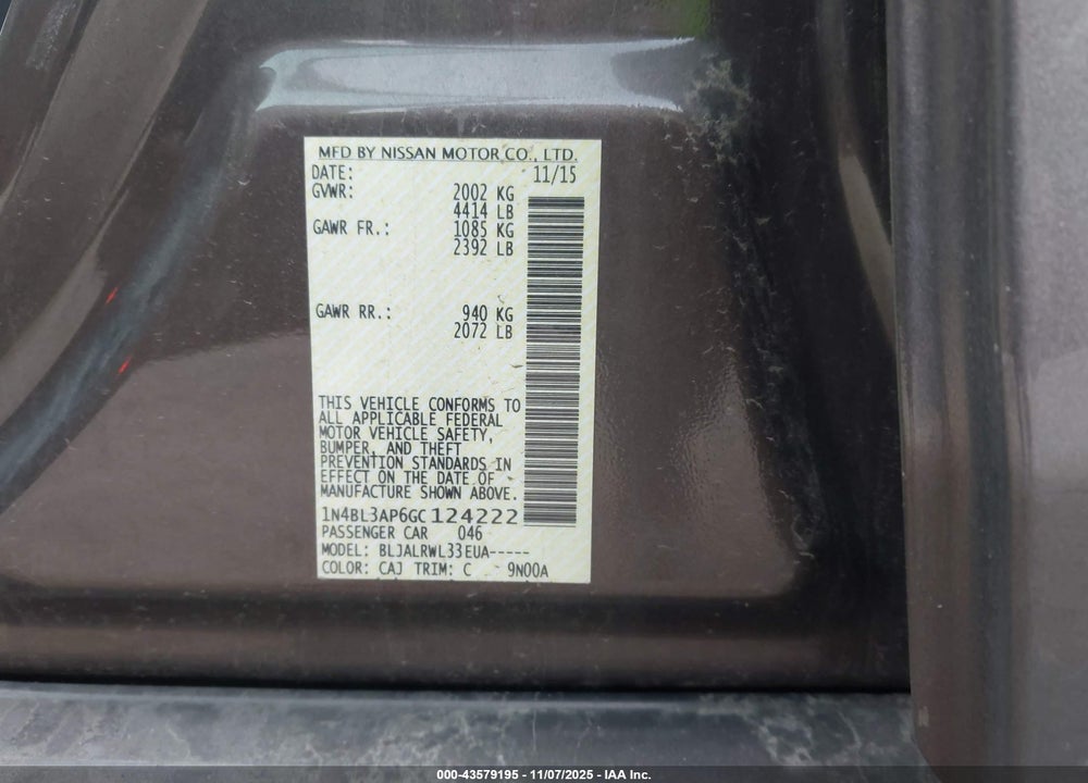 2016 NISSAN ALTIMA VIN: 1N4BL3AP6GC124222
