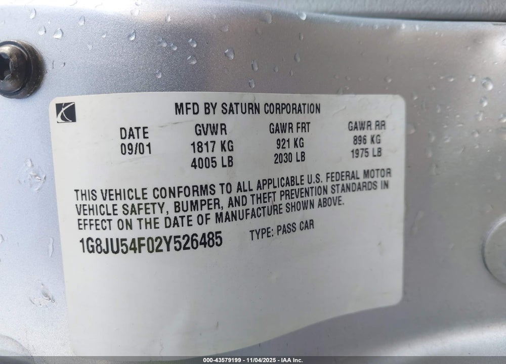 2002 SATURN L-SERIES L200 VIN: 1G8JU54F02Y526485