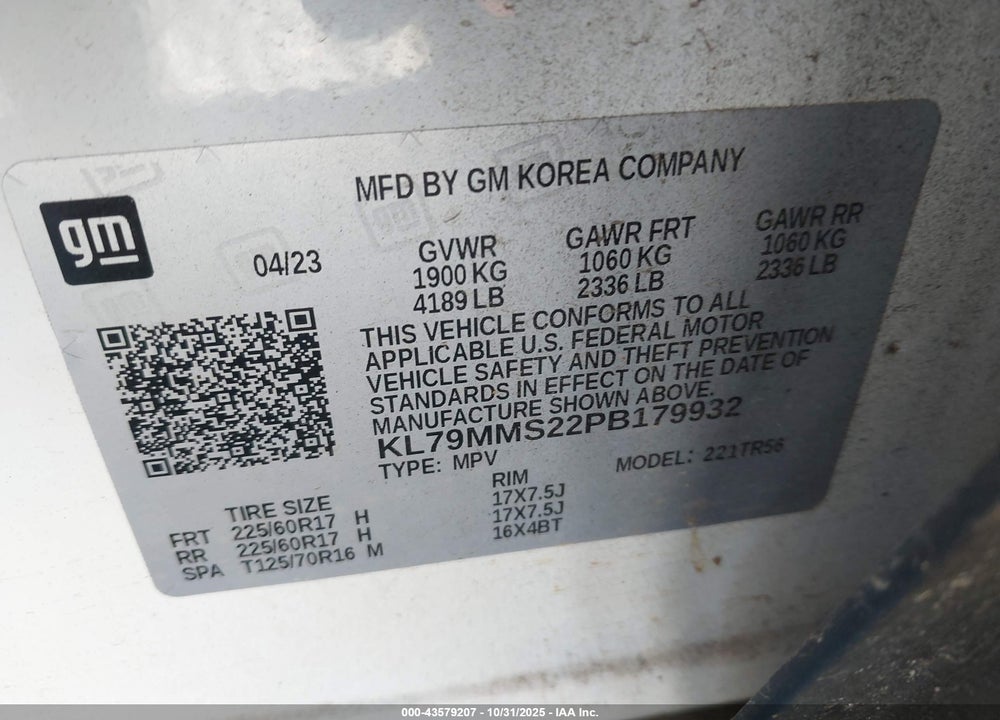 2023 CHEVROLET TRAILBLAZER FWD LS VIN: KL79MMS22PB179932