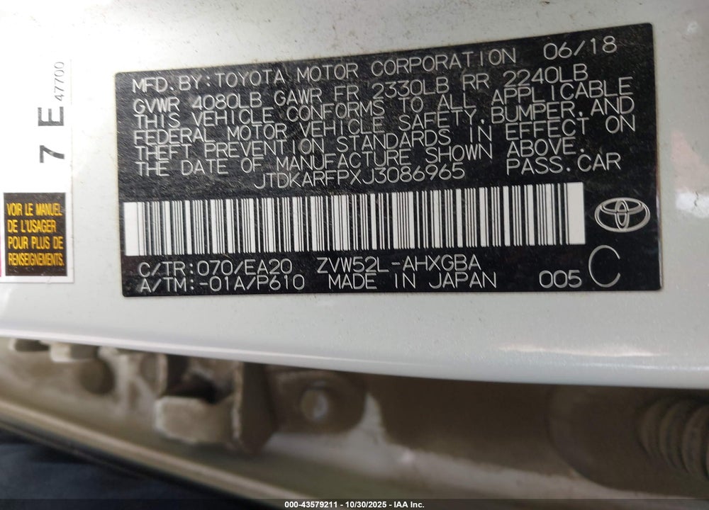 2018 TOYOTA PRIUS PRIME PREMIUM VIN: JTDKARFPXJ3086965