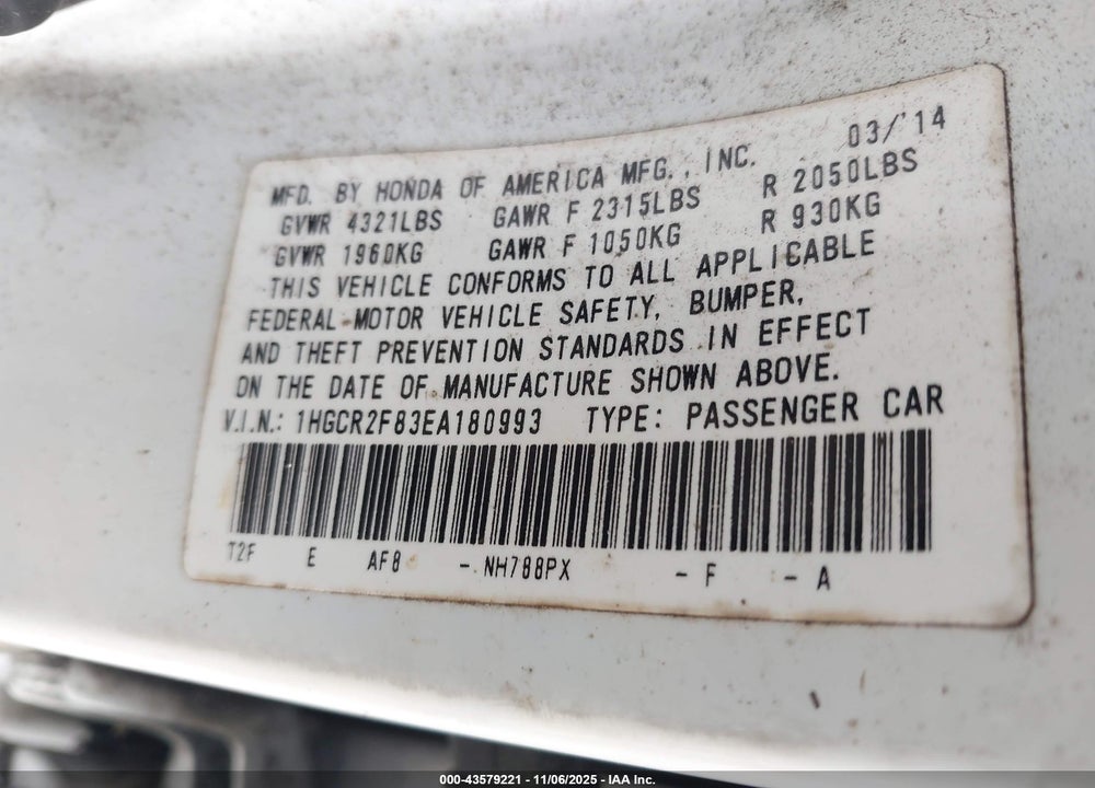 2014 HONDA ACCORD EX-L VIN: 1HGCR2F83EA180993