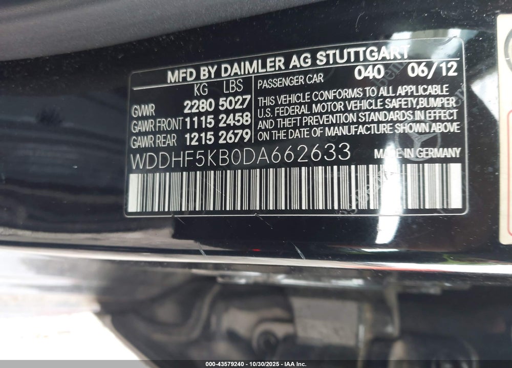 2013 MERCEDES-BENZ E-CLASS VIN: WDDHF5KB0DA662633