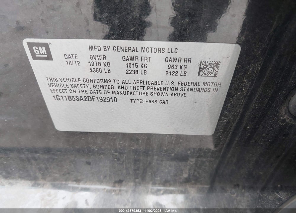 2013 CHEVROLET MALIBU 1LS VIN: 1G11B5SA2DF192910