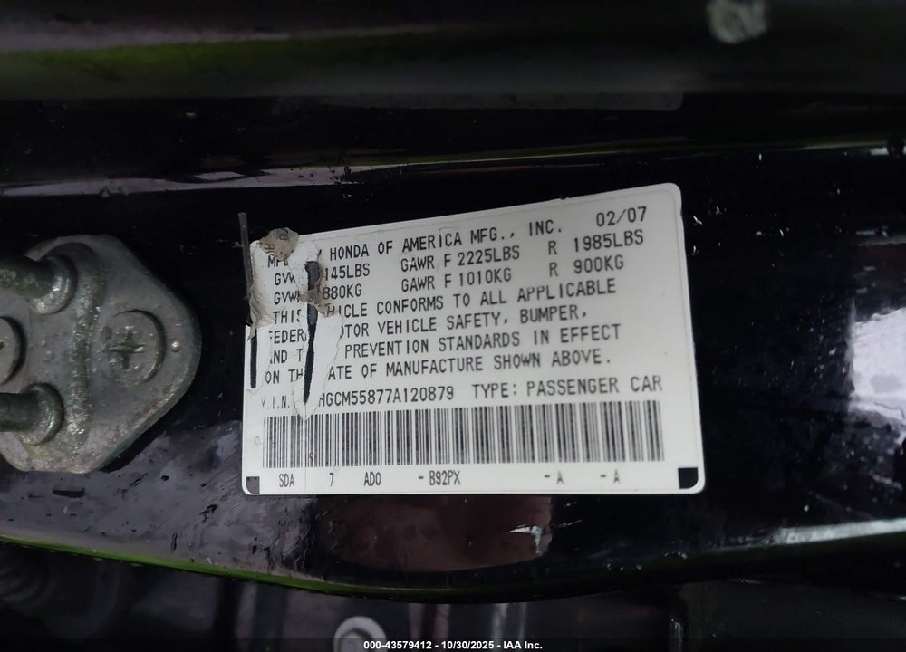 2007 HONDA ACCORD 2.4 EX VIN: 1HGCM55877A120879