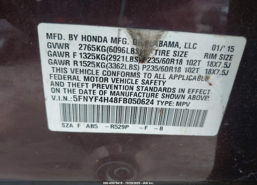 2015 HONDA PILOT VIN: 5FNYF4H48FB050624