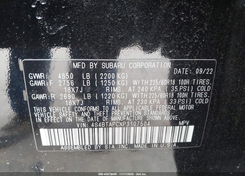2023 SUBARU OUTBACK VIN: 4S4BTAPCXP3107504