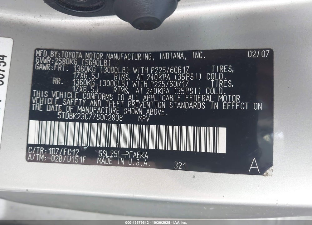 2007 TOYOTA SIENNA LE VIN: 5TDBK23C77S002808