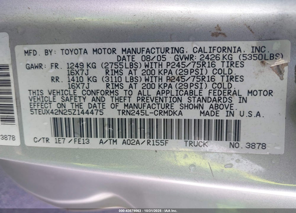 2005 TOYOTA TACOMA VIN: 5TEUX42N25Z144475