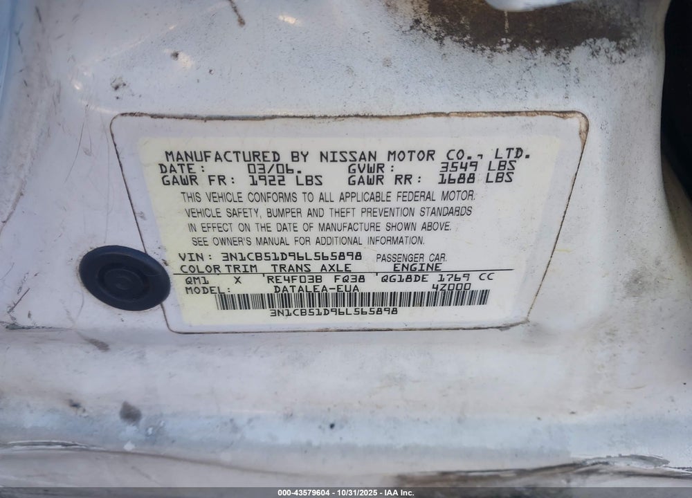 2006 NISSAN SENTRA VIN: 3N1CB51D96L565898