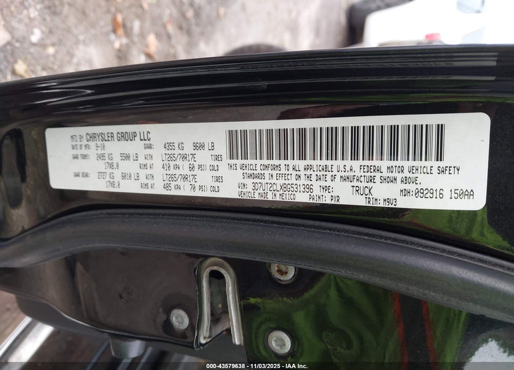 2011 RAM 2500 SLT VIN: 3D7UT2CLXBG531396