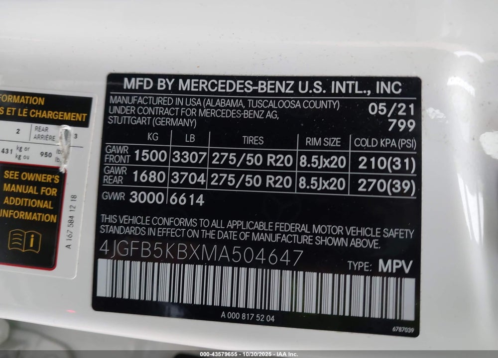 2021 MERCEDES-BENZ GLE CLASS VIN: 4JGFB5KBXMA504647