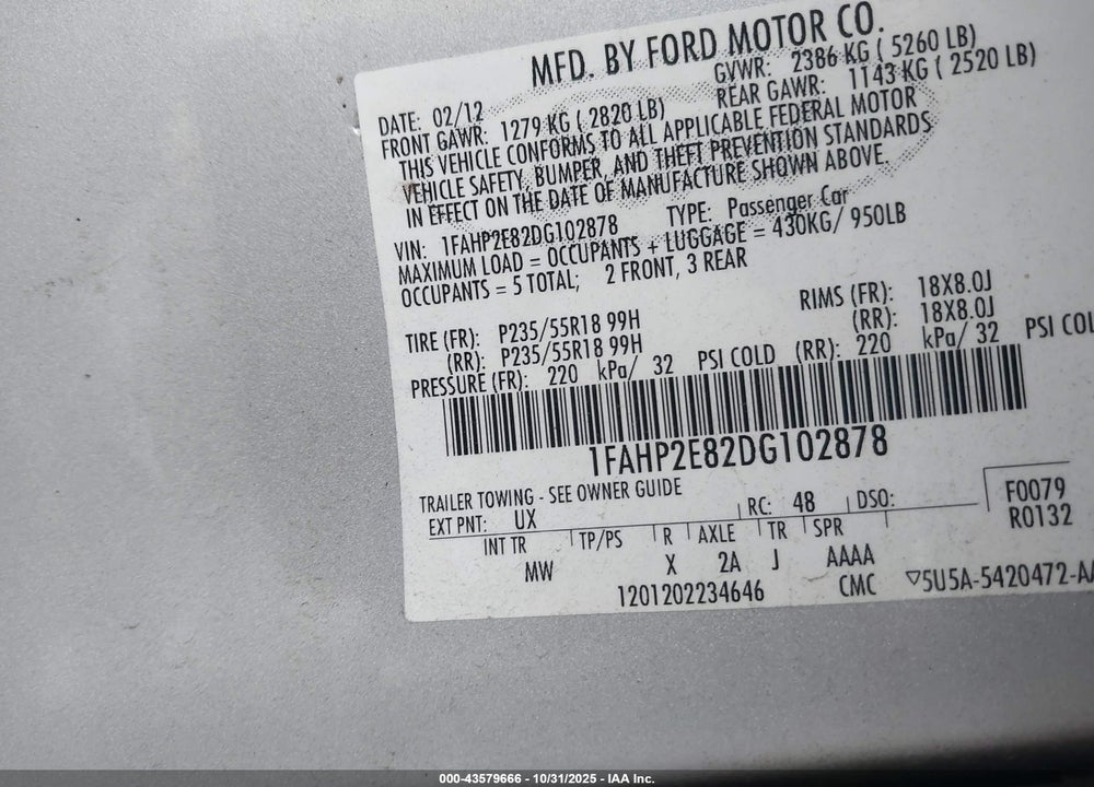 2013 FORD TAURUS SEL VIN: 1FAHP2E82DG102878