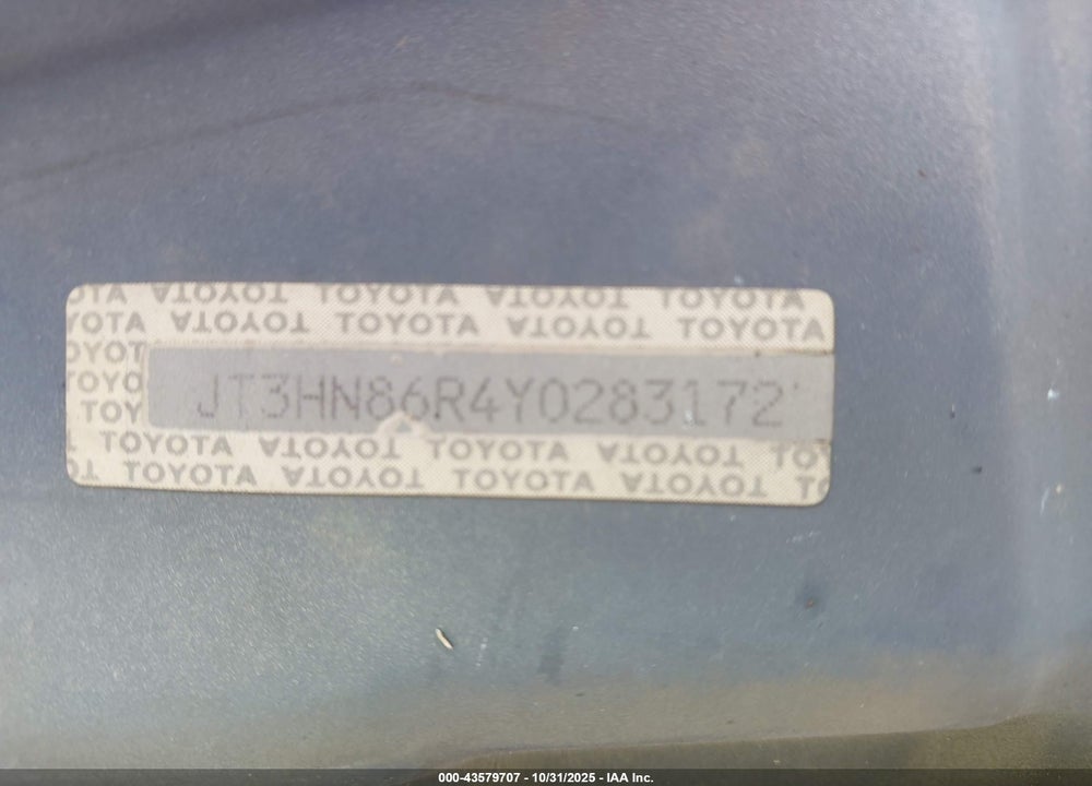 2000 TOYOTA 4RUNNER SR5 V6 VIN: JT3HN86R4Y0283172