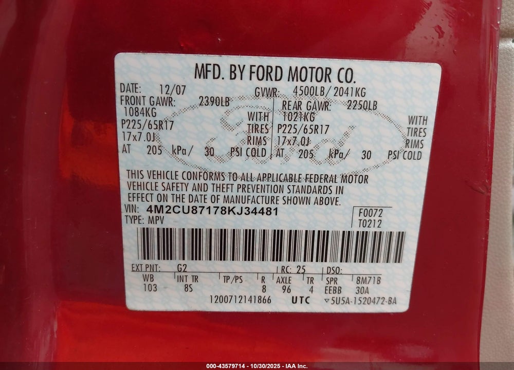 2008 MERCURY MARINER VIN: 4M2CU87178KJ34481