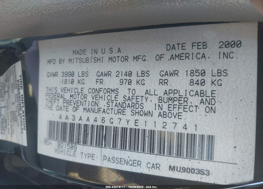 2000 MITSUBISHI GALANT ES VIN: 4A3AA46G7YE112741