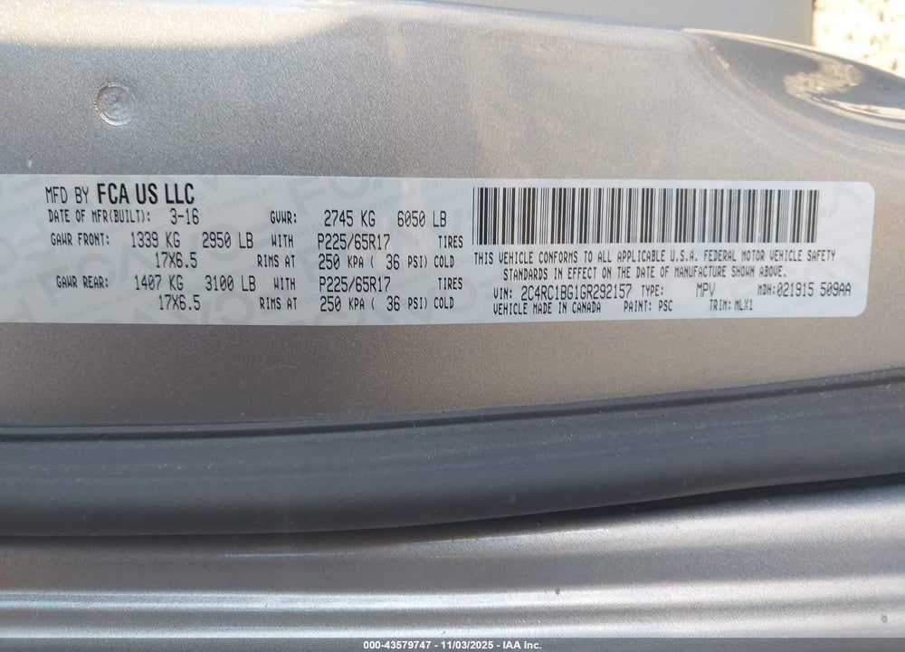 2016 CHRYSLER TOWN & COUNTRY TOURING VIN: 2C4RC1BG1GR292157