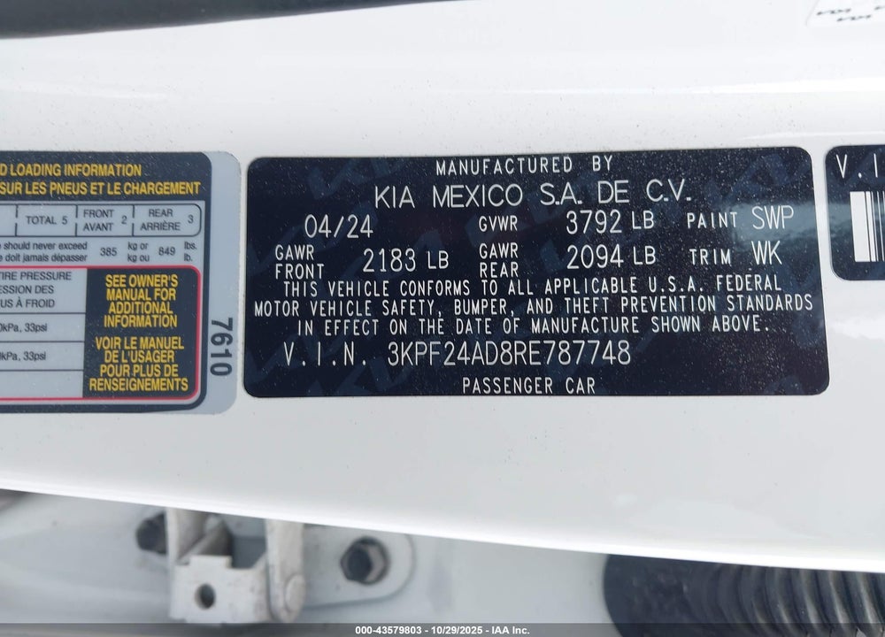 2024 KIA FORTE LXS VIN: 3KPF24AD8RE787748