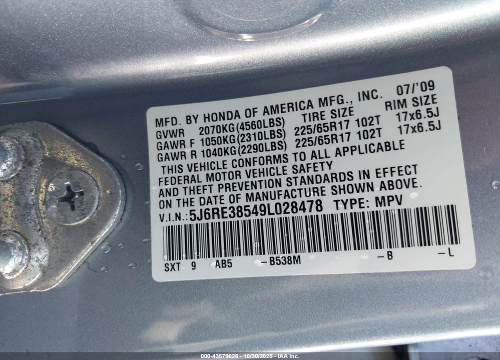 2009 HONDA CR-V VIN: 5J6RE38549L028478