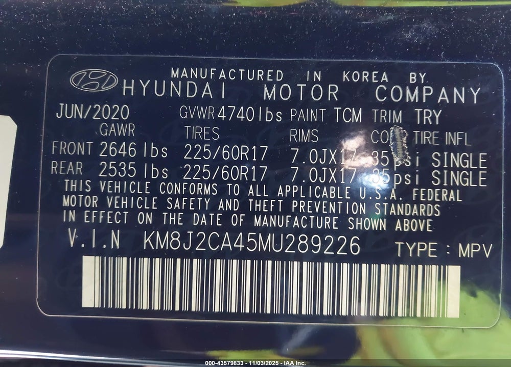 2021 HYUNDAI TUCSON SE VIN: KM8J2CA45MU289226