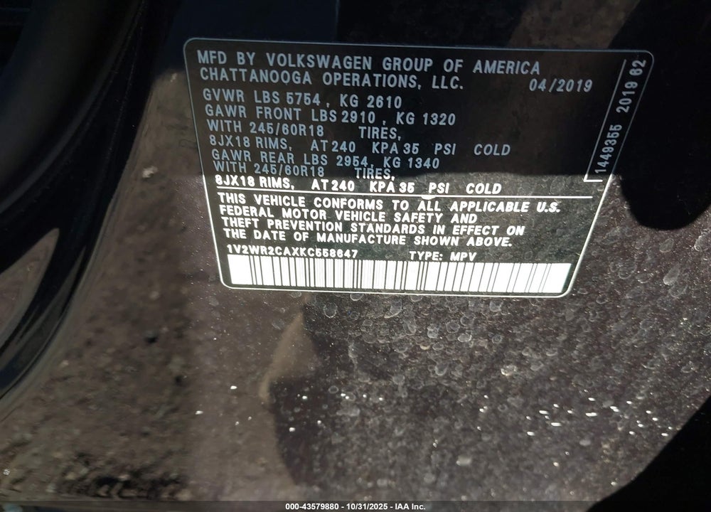 2019 VOLKSWAGEN ATLAS VIN: 1V2WR2CAXKC558647