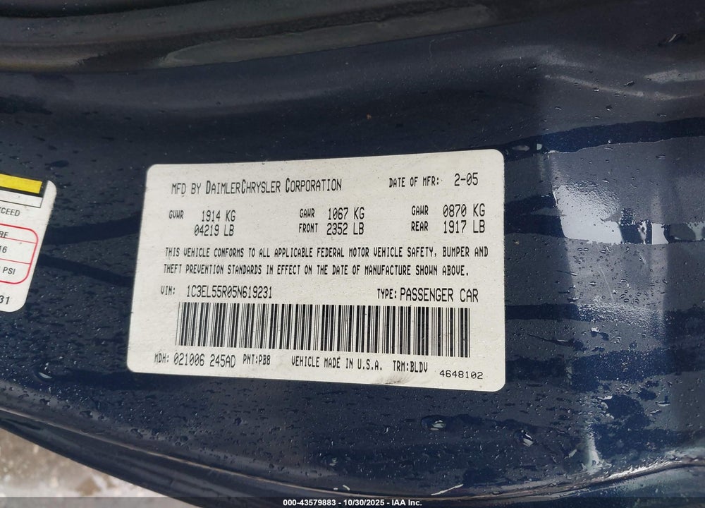 2005 CHRYSLER SEBRING TOURING VIN: 1C3EL55R05N619231