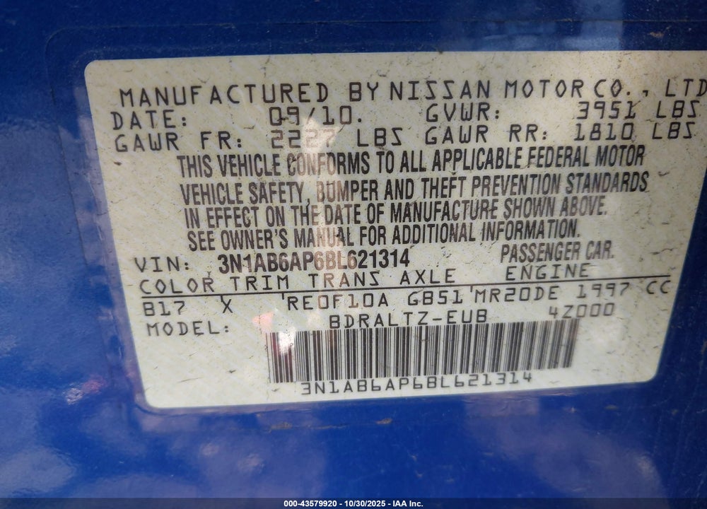 2011 NISSAN SENTRA 2.0SR VIN: 3N1AB6AP6BL621314