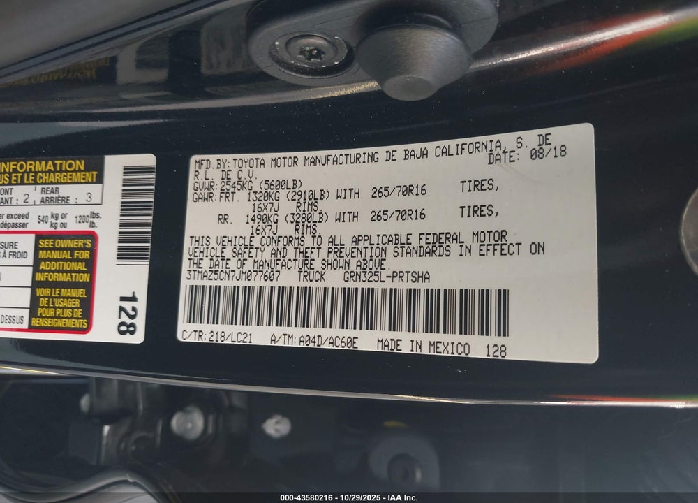 2018 TOYOTA TACOMA TRD OFF ROAD VIN: 3TMAZ5CN7JM077607