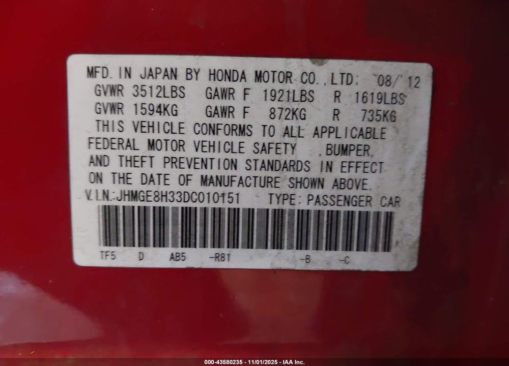 2013 HONDA FIT VIN: JHMGE8H33DC010151